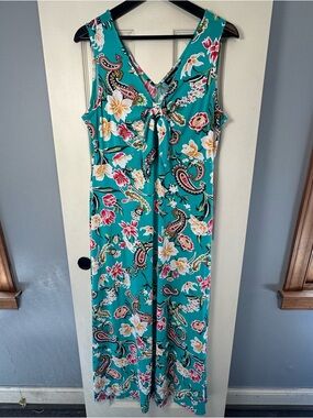 Nina Leonard Teal Floral Paisley Maxi Dress with Front Tie